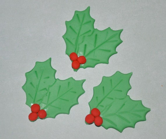 Christmas Holly Leaf and Berry Fondant Toppers for Cupcakes