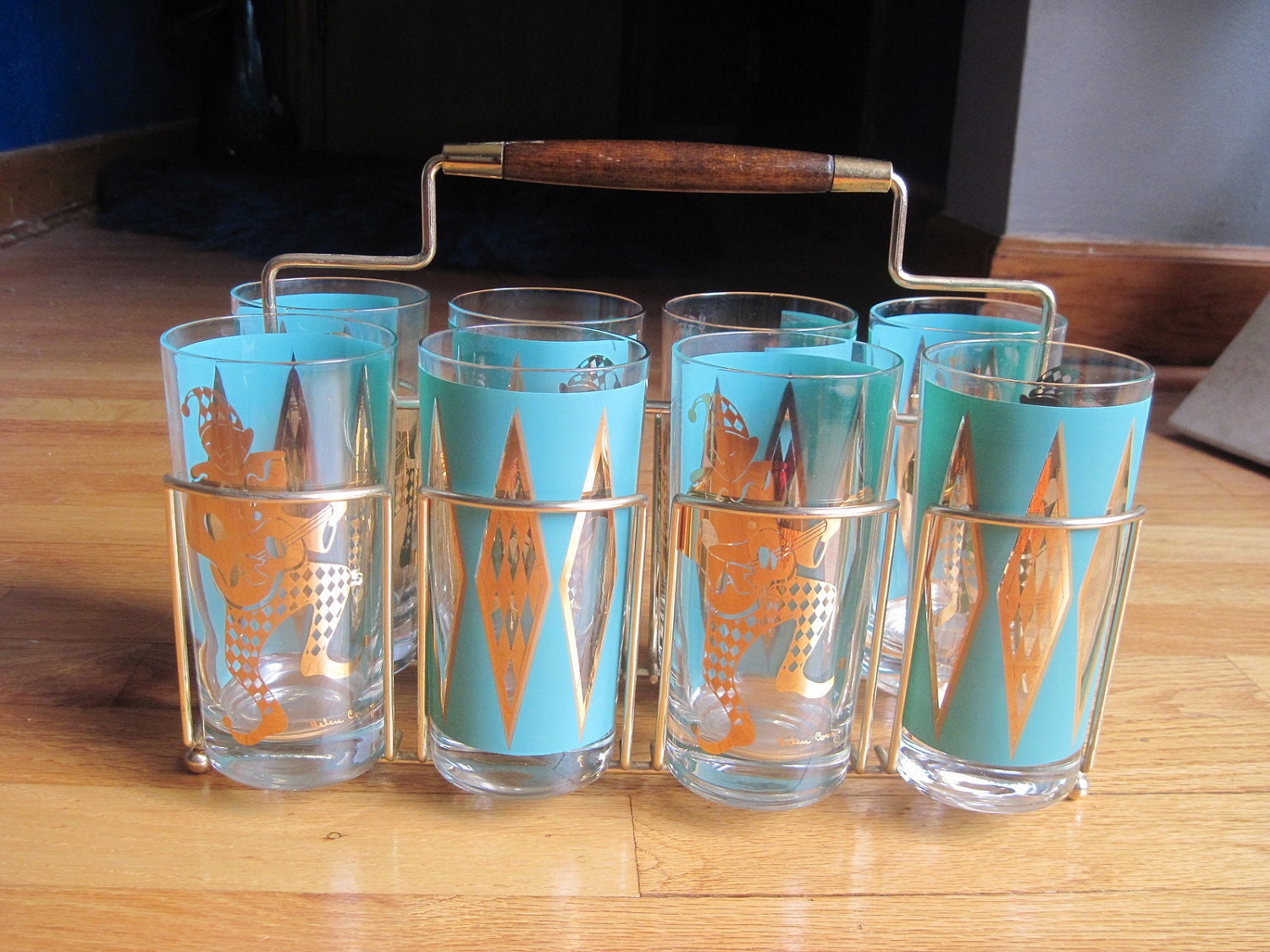 Atomic Aqua & Gold Harlequin 8 Glassware/ BarWare in Brass