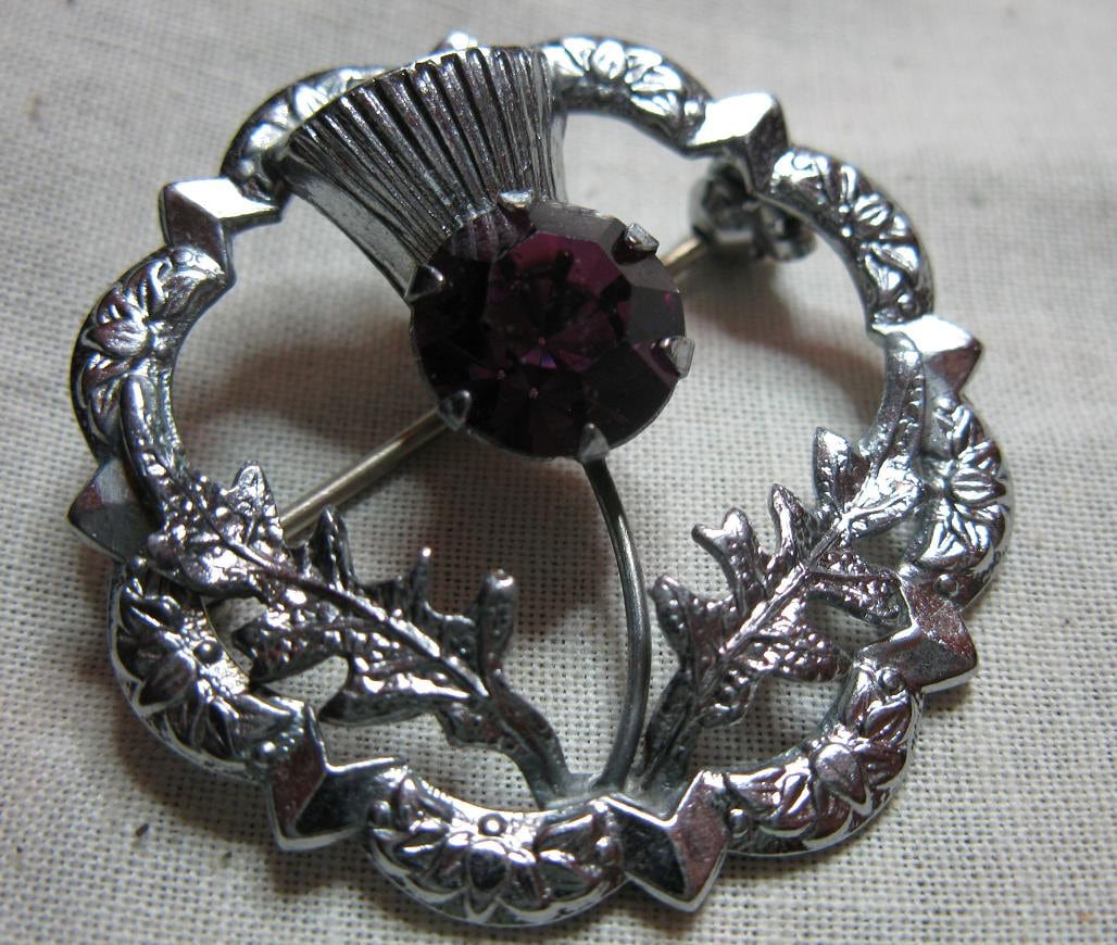 Vintage MIZPAH Scottish Thistle Brooch Amethyst Purple Crystal