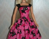 Handmade Barbie clothes - Pink and black cat dress Handmade Barbie clothes - Pink and black cat dress