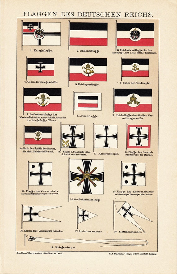 1908 Edwardian FLAGS print german flags 104 years old