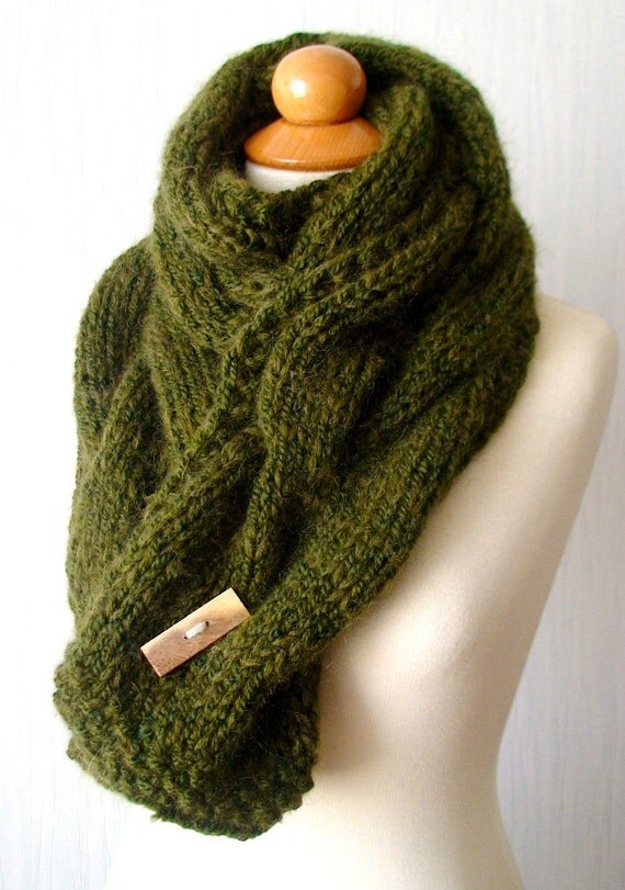 Chunky Winter Scarf Big Cabled Moss Green Cowl Hand Knitted