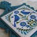 Vintage Metal Trivet Birds Turquoise Periwinkle Blue, Cast Iron Ceramic Tile by Cherry Japan, Danish Modern Scandinavian Folk Art
