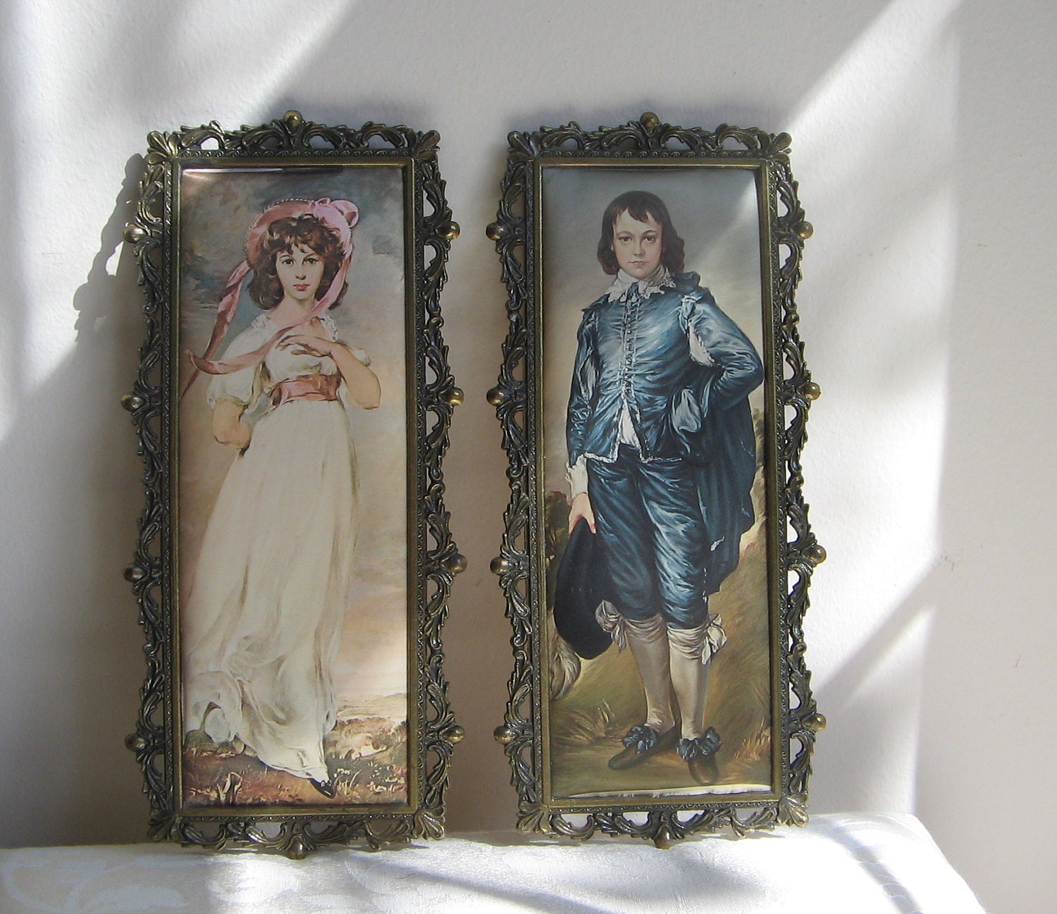 Vintage Pinkie & Blue Boy Pair of Wall Art Prints on Satin