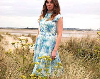 Lalya, French Vintage, 1970s White and Blue Floral Midi Dress, from Paris