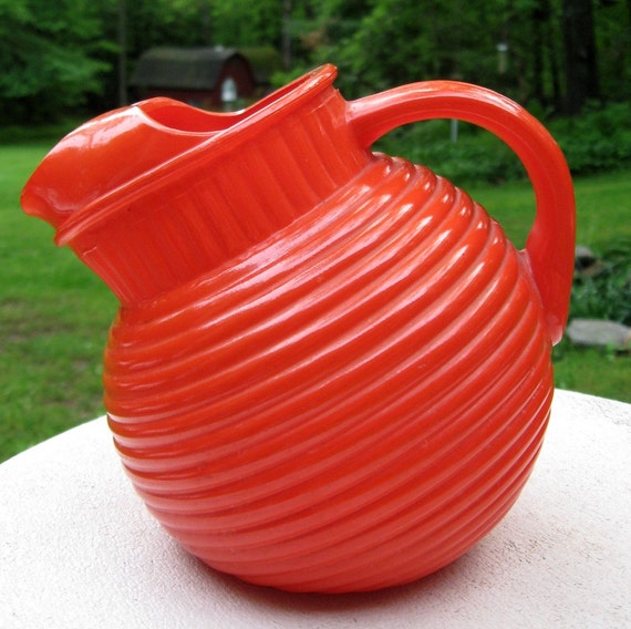 Orange Glass Tilt Pitcher 40s 50s Vintage Glassware Banded