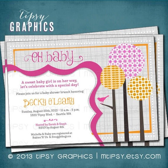 Bird on a Branch. Modern Forest Baby Shower Invitation by Tipsy Graphics. Any colors and text. Il_570xn