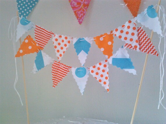 Cake topper Bunting Flags Aqua, Orange and White mini pennants decoration Il_570xn