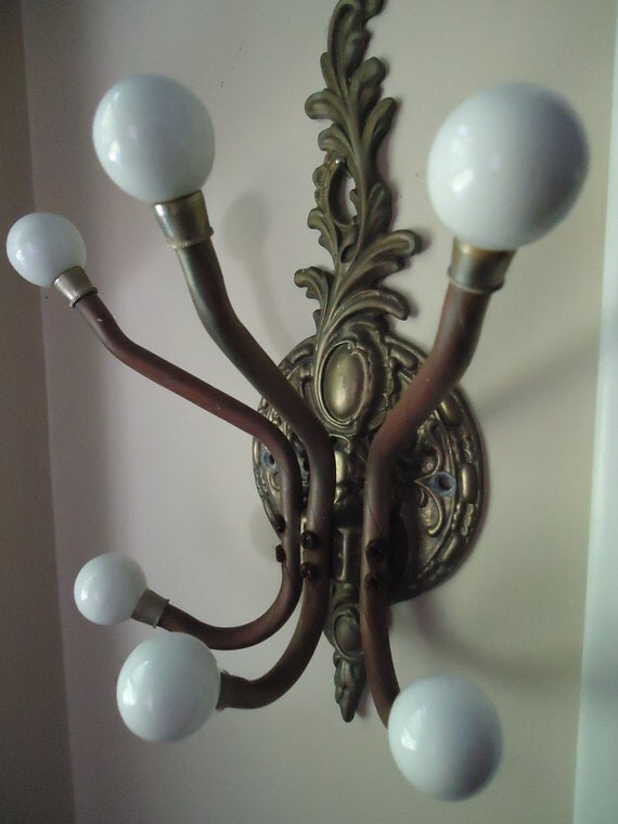 Vintage Brass and Porcelain Knob Coat Rack