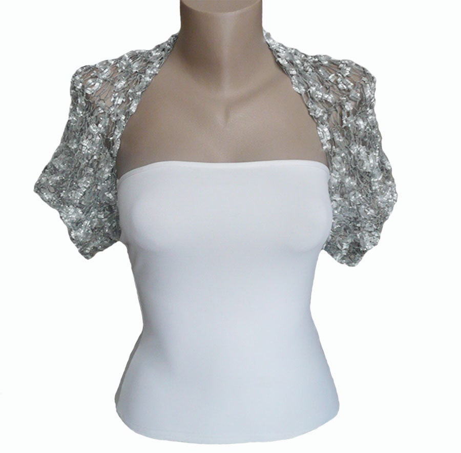 Hand Knit Silver White Bolero Sleeves Shrug Wrap Jacket