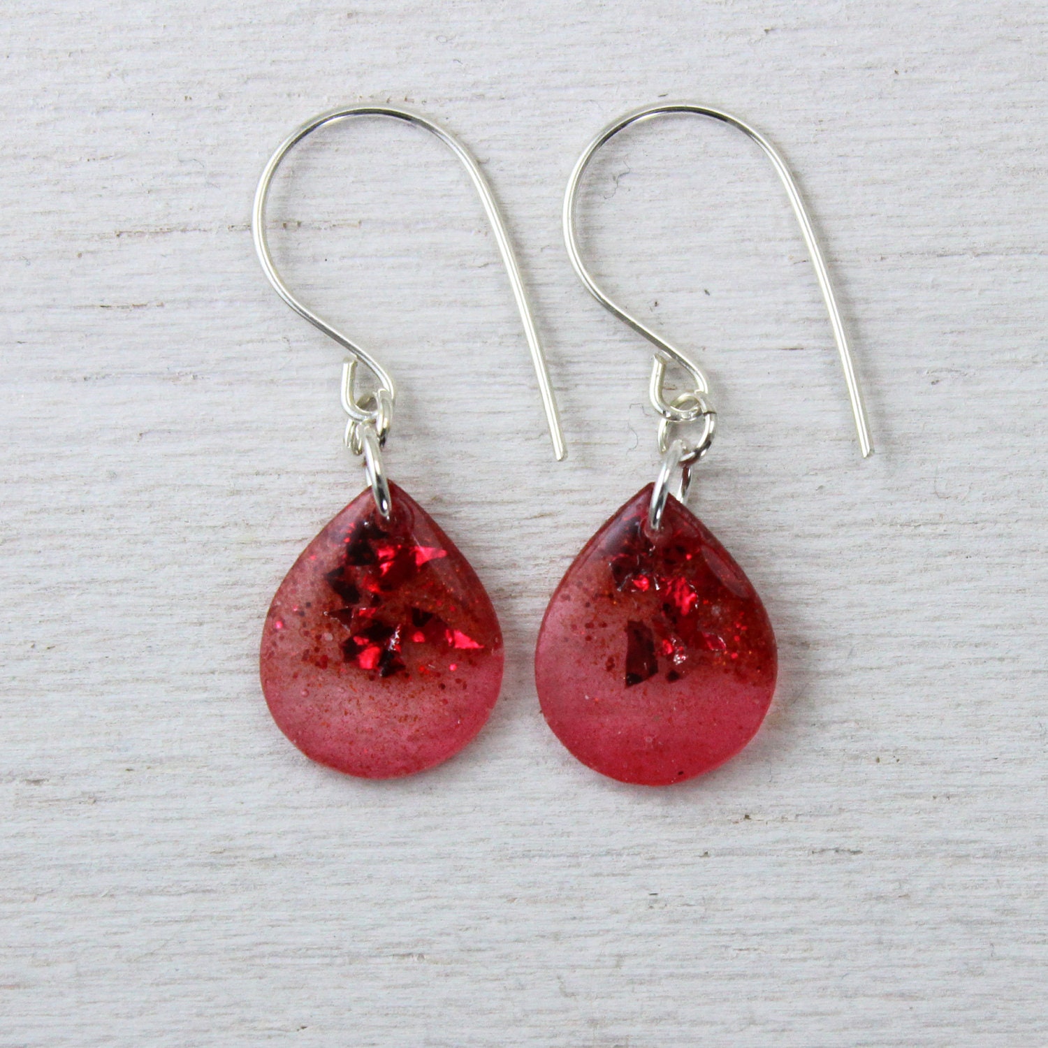 Red Teardrop Earrings With Red Glitter On Sterling Silver 