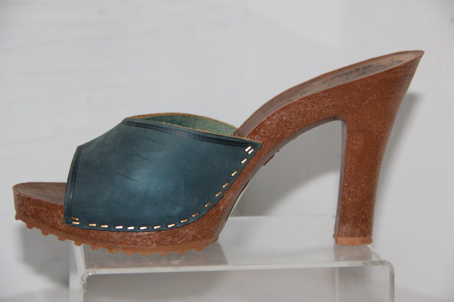 Vintage 1970s Blue Brown Suede Mules Heels Platform Sandals