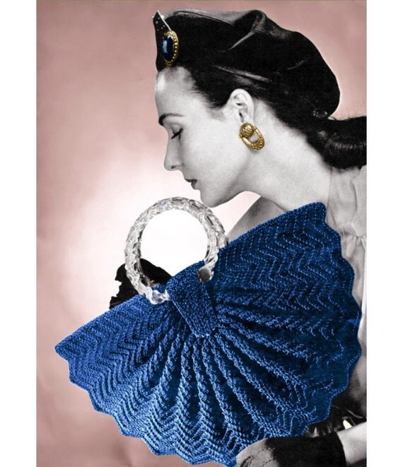 Vintage Crochet Pattern 1940s Half Moon Fan Purse Handbag Digital Download PDF