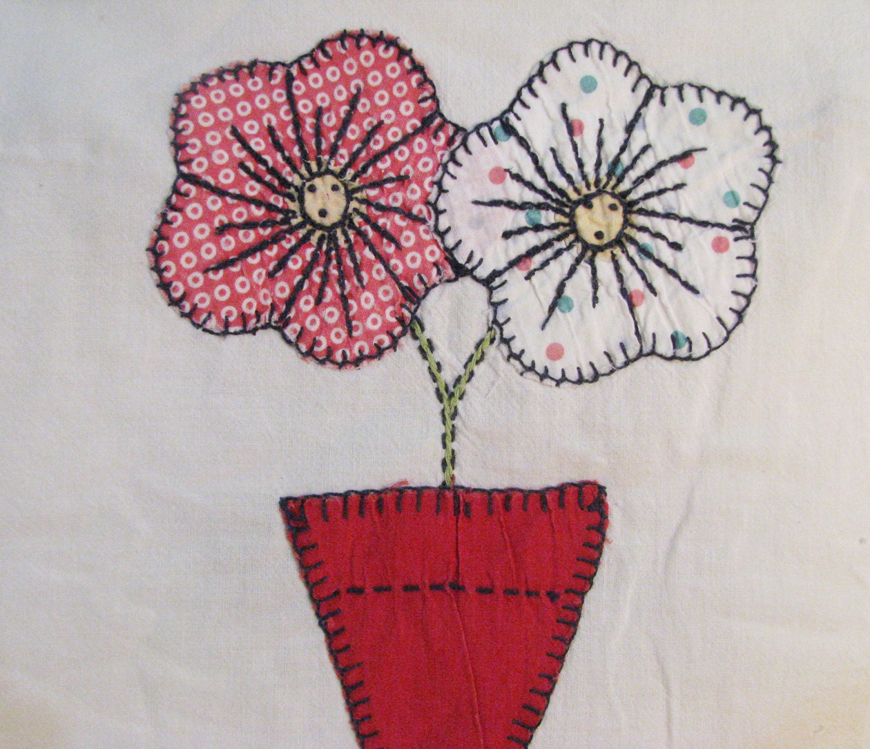 Vintage Applique Quilt Squares Flowers Embroidery Charming Red