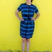1960's. royal blue. brown stripes. button up. wiggle dress. Sz l/xl.
