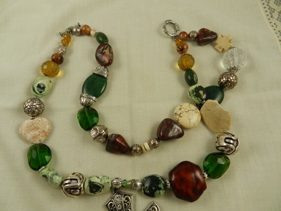 Cross Necklace Chunky Bold Double Strand Green Brown Magnesite