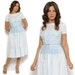 50s Swing Dress Pastel Baby Blue Embroidered Belted Circle Skirt Short Sleeve Wedding Day Dress / Retro Rockabilly Mad Men / Size S Small
