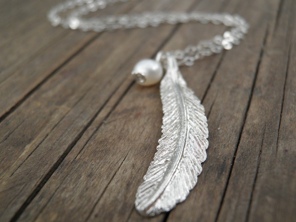 Long Silver Necklace Silver Feather Necklace Feather