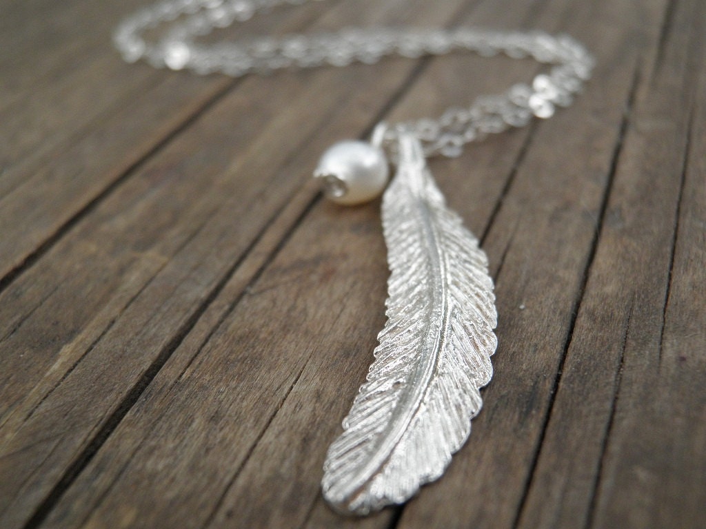 Long Silver Necklace Silver Feather Necklace by AnnalisJewelry