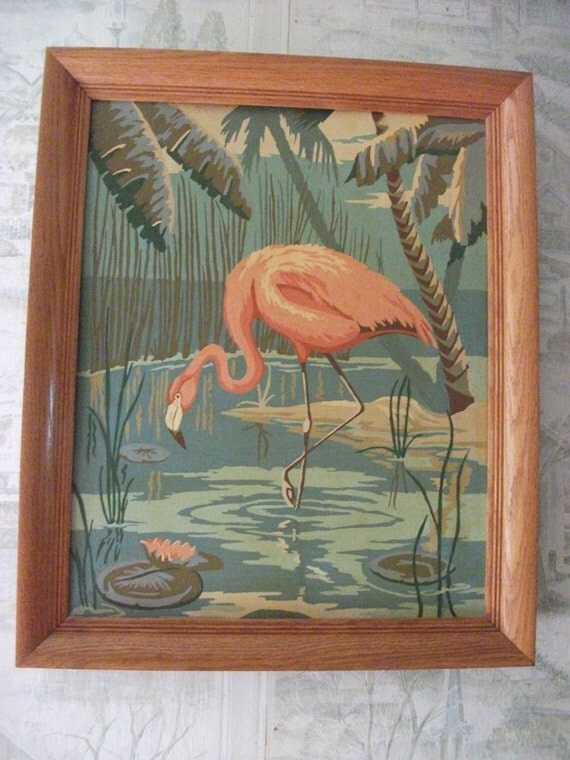 Vintage Pink Flamingo Framed Paint by Number Painting
