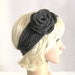 Crocheted Headband-Earwarmer-Dark Charcoal Gray with Flower