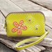 Zipper Leather Pouch in Lemon Green with Flower, Hand Sewn