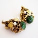 ON SALE Garden Window - Renaissance Revivial Latticework and Leaves Filigree Clip Earrings with Emerald Green Lucite and Faux Pearls