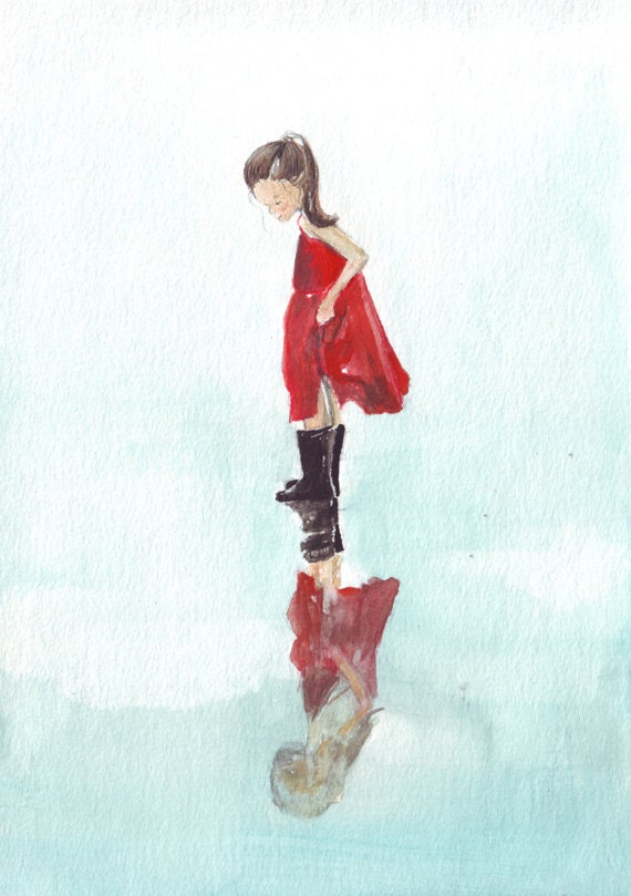 Original girl art watercolor painting dancing in the rain red
 Watercolor People Dancing