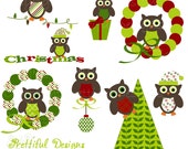 25% OFF SALE Christmas Owl Clip Art for Digital Scrapbooking, Invitations, Paper Goods, Card Making - Mistletoe Il_170x135