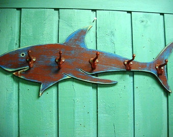 Shark Hook Coat Rack Sign Beach House Decor Wall Art With 5 Hooks by CastawaysHall