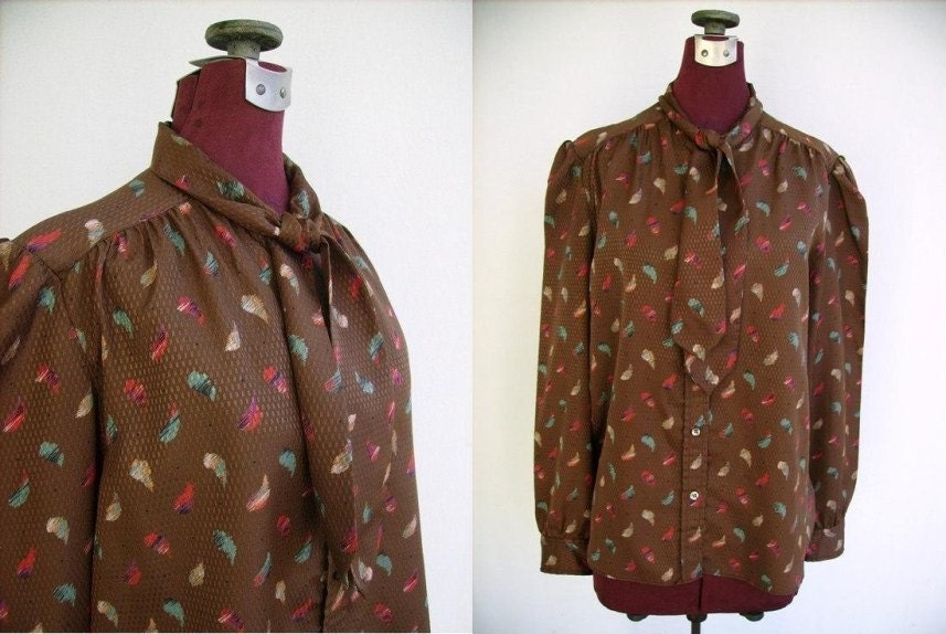 Vintage 70s 80s Tie Neck Blouse by Evan Picone Silky Polyester