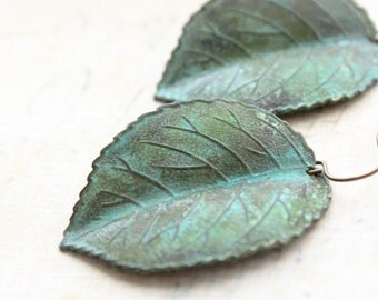 Verdigris Leaf Earrings Jade Green Patina Earrings Dangle Rustic Nature Woodland Jewellery Green Leaf Drop Gift for Women Surgical Steel