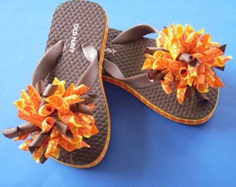 Brown Boutique Flip Flops With Korker Bows in Orange, Brown & Yellow...Youth Size 8/9...Ready to Ship
