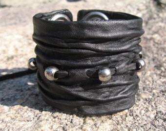 Leather Wristband Black Leather Cuff Bracelet Men's Womens Hand Sculpted Sculpted Urban Jewelry, Wrinkled Crushed Leather
