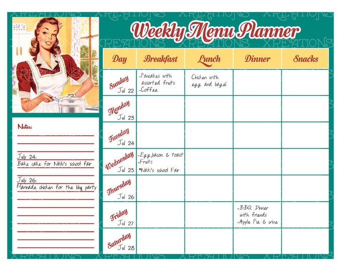 Retro Theme Weekly Menu Planner - Digital File - Printable