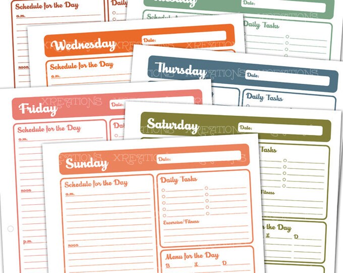 Retro Weekly Planner - Set of 7 - Print Your Own - with Bonus Journal - Digital - Letter Size, Back to Back Print