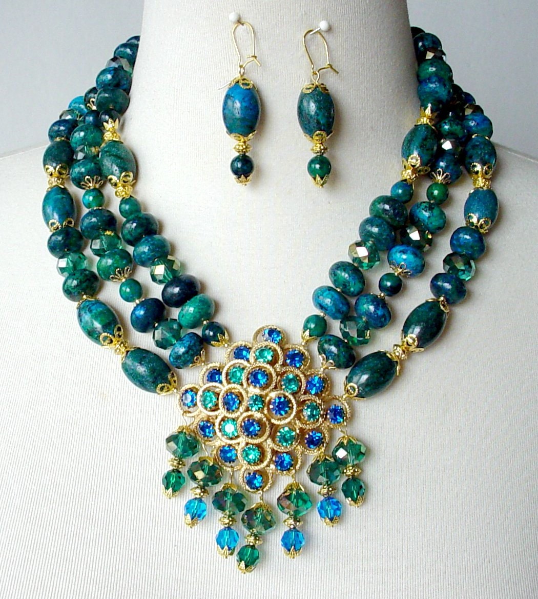 Blue Green Statement Necklace Glamorous Runway Necklace Bold
