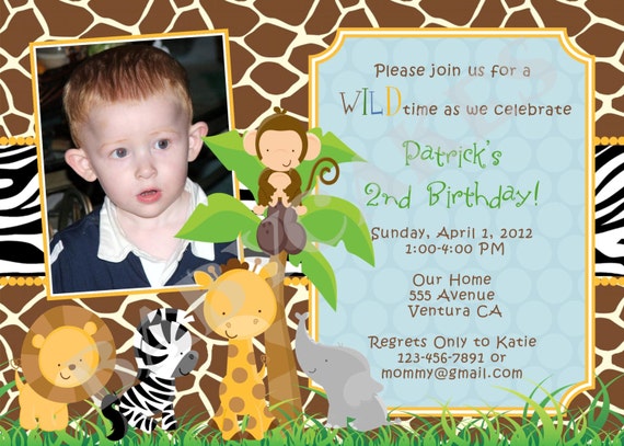 Safari Jungle Animals Birthday Party Invitation Photo  - DIY Print Your Own - Matching Party Printables also available