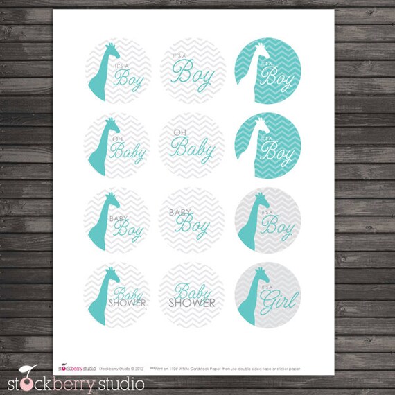 2 inch Chevron Blue Giraffe Printable Favor Tags or Cupcake Toppers - Instant Download Il_570xn