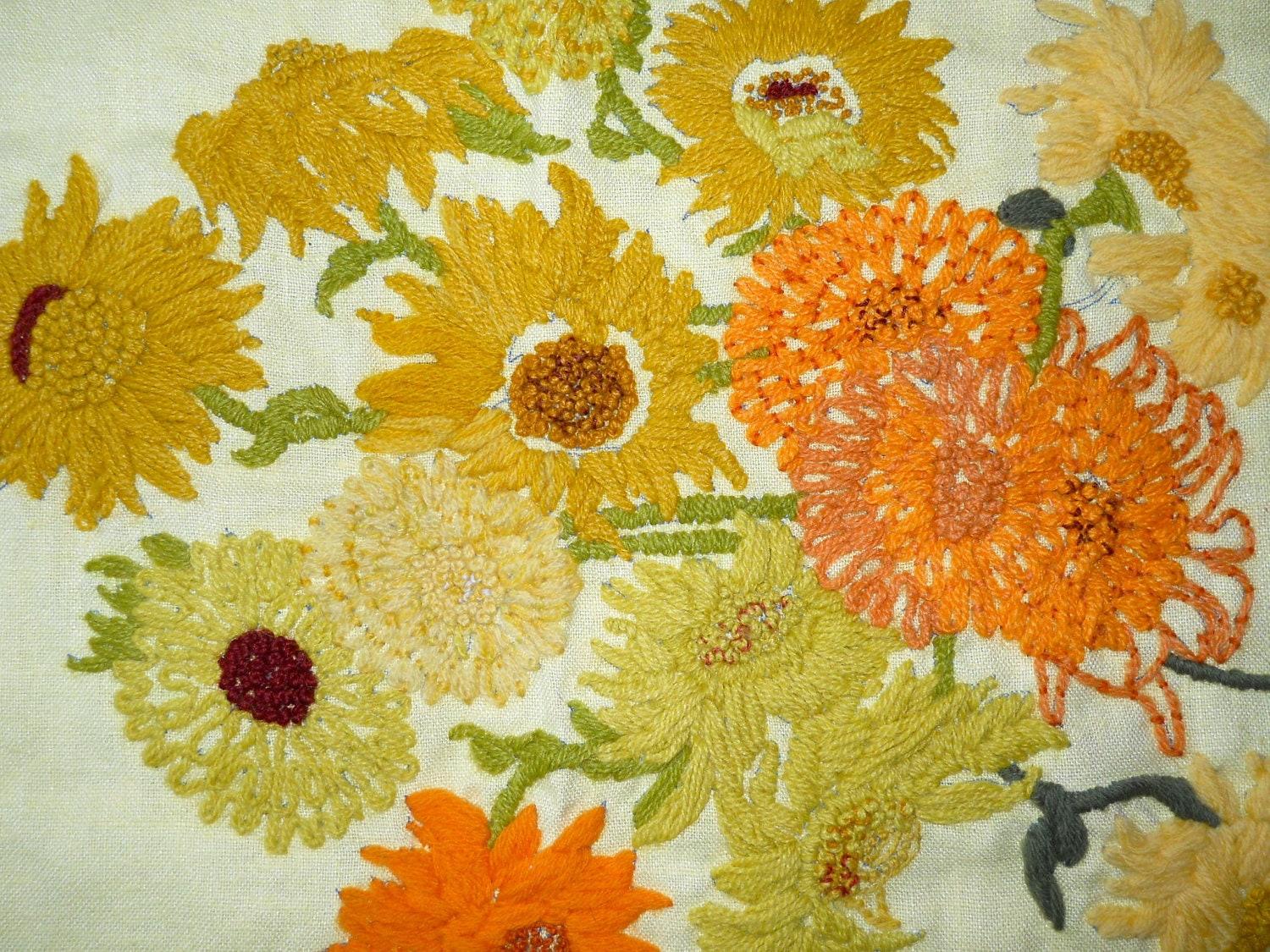 Vintage Floral Embroidery Crewel Art 1970s
