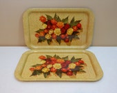 Vintage Autumn Strawflower Tin Serving Tray Set Vintage Autumn Strawflower Tin Serving Tray Set