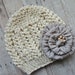 Spring Colors....Pure Cotton Baby Beanie in Natural Off White Soft Cotton with Beautiful Grey Satin Flower Photo Prop Baby Beanie
