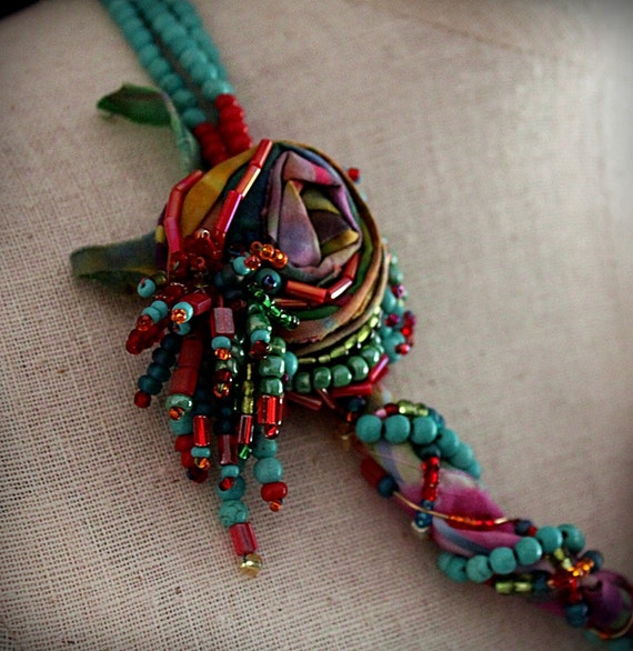 SUMMER GIRL Turquoise Beaded Fabric Statement Necklace