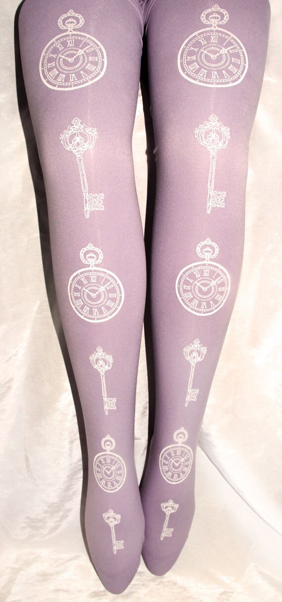 PocketWatch & Keys Printed Tights Plus Size Extra Large White