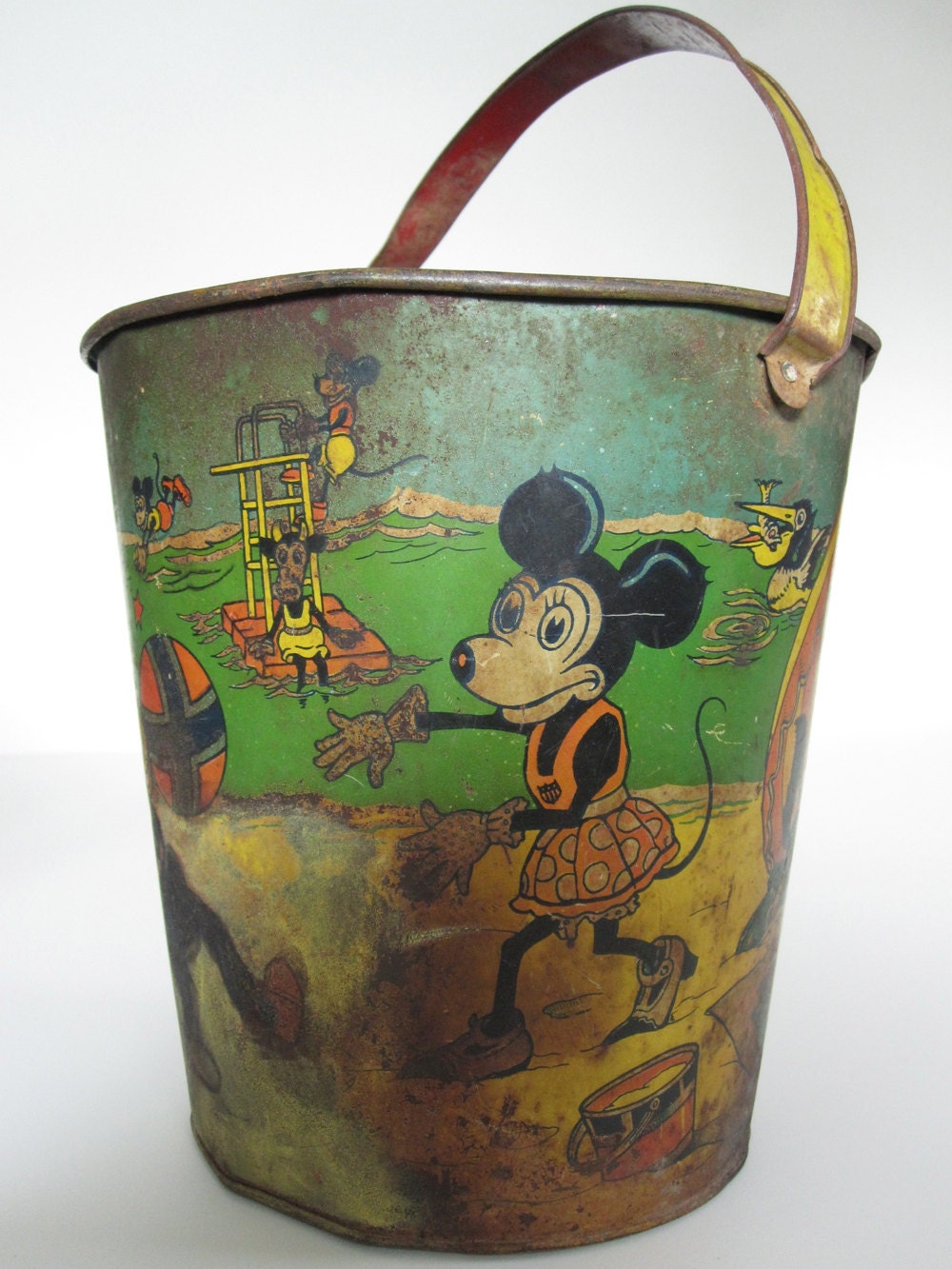 Vintage Mickey Mouse Krazy Kat sand pail tin litho sand toy