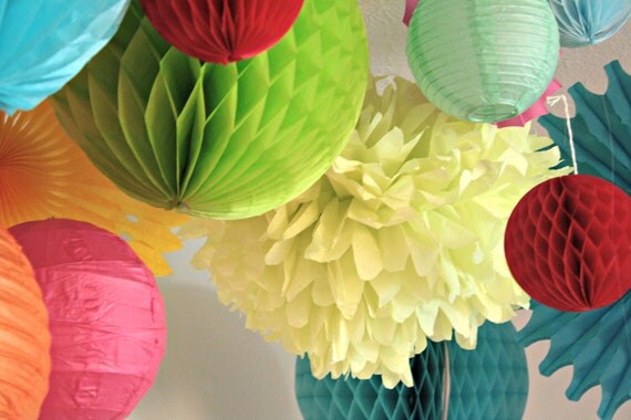 Birthday party decorations ...12 Tissue paper poms .. choose your color // weddings // reception // baby shower // nursery decor // lantern Il_570xn