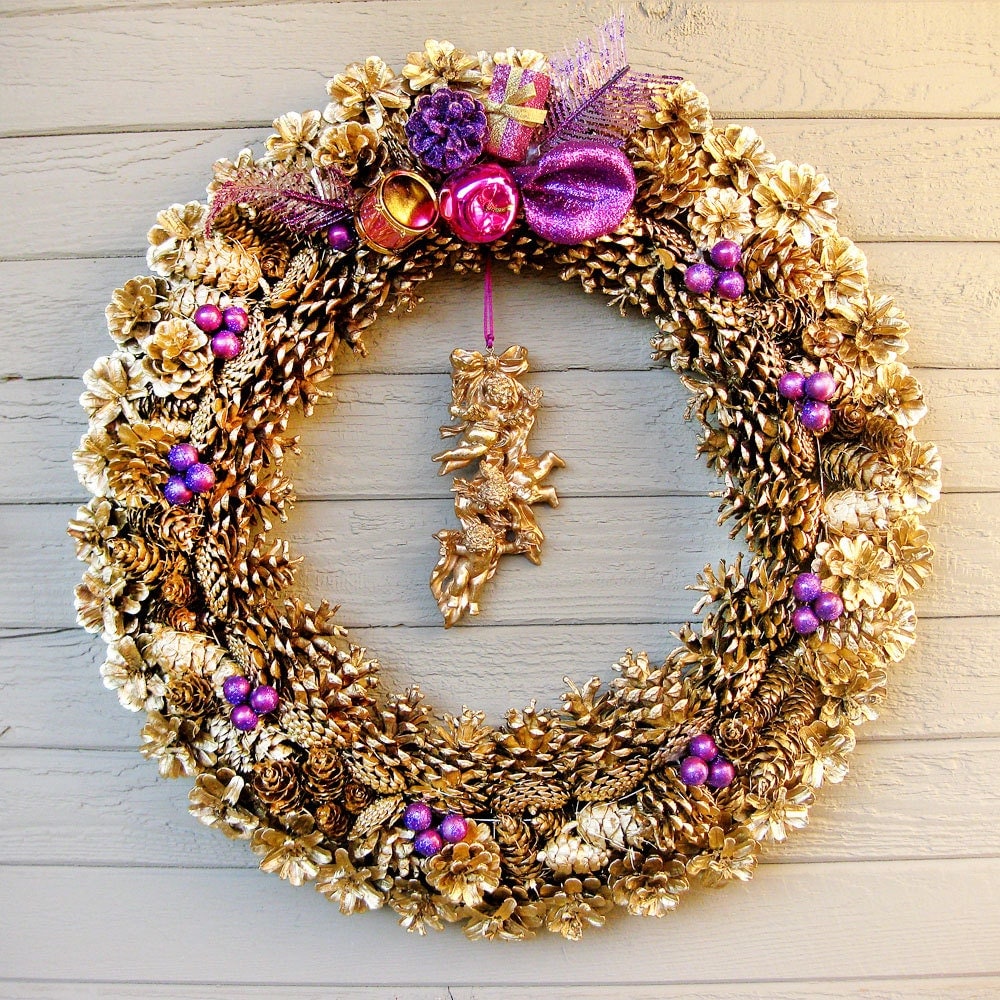 Gold Pinecone Wreath with Purple and Magenta Trim