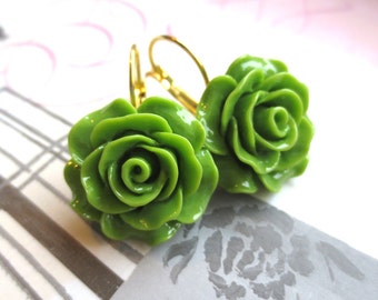 Grass Green Rose French Clip Earrings