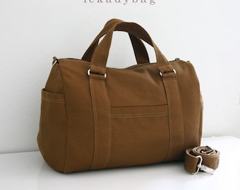Stock SALE - Brown Canvas Bag, Mini Duffel, Messenger bag, Shoulder bag, Handbag, School bag, Travel bag, Men Women, Carry on bag - Duffy