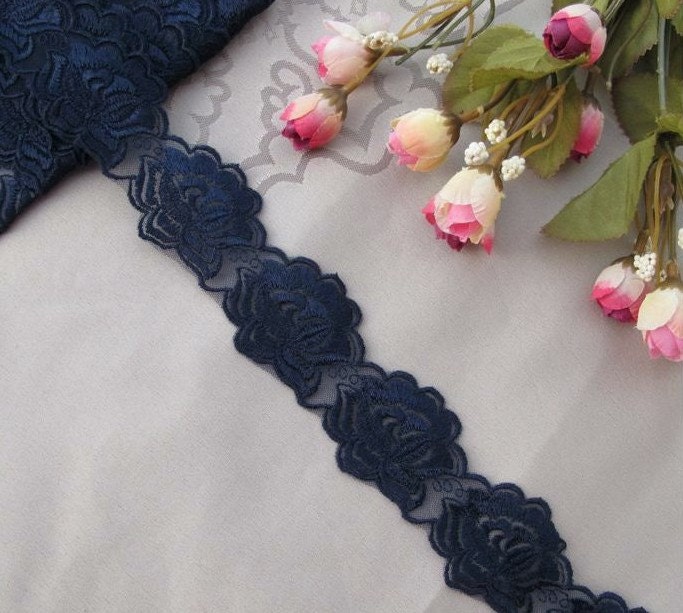 3 Yards Navy Blue Lace Trim Emborideried Rose Tule Lace 1.77
